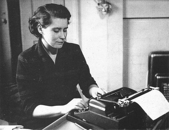 Doris Lessing at her writing desk