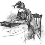 Illustration by Frank T. Merrill of Jo in her writing cap from Little Women by Louisa May Alcott