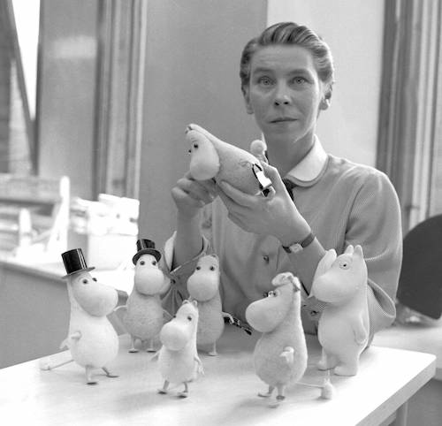 Tove Jansson in her studio with Moomins, 1956