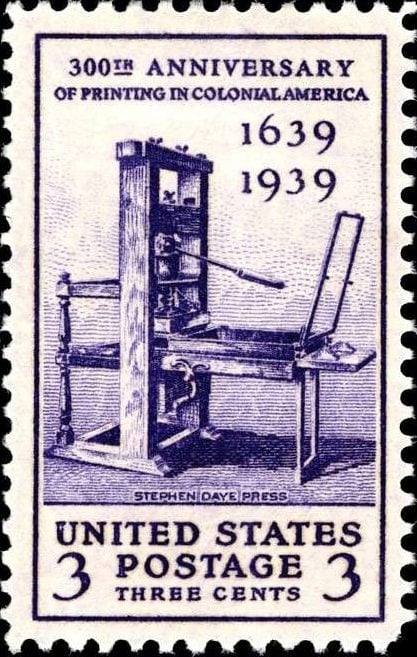 Stamp commemorating printing in Colonial America